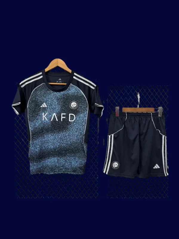 Al Nassr 25/26 away kids fans kit front, youth supporter blue set