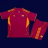 AS Roma Home Kids Kits 25/26 front with mini crest and youth-friendly fit.
