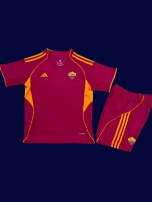 AS Roma Home Kids Kits 25/26 front with mini crest and youth-friendly fit.