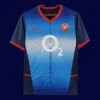 front view of blue away retro football jersey (02/04) with retro trim and relaxed fit.