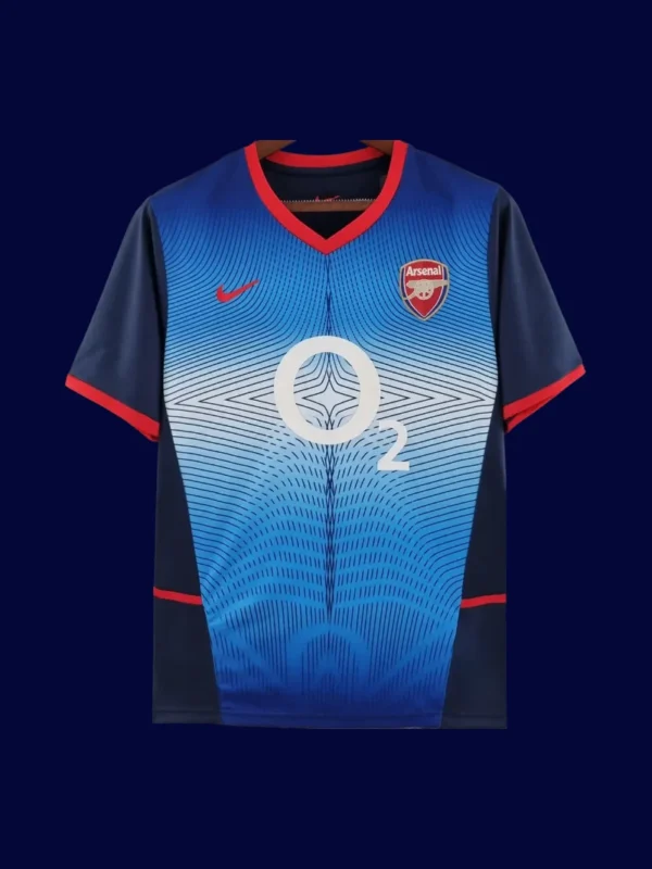 front view of blue away retro football jersey (02/04) with retro trim and relaxed fit.
