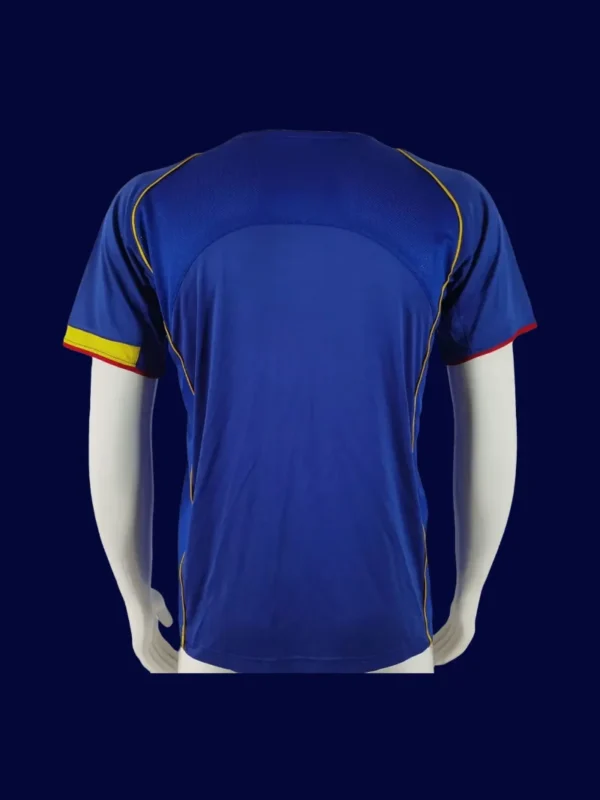 back view of blue away retro football jersey (04/05) showing reinforced number panel.