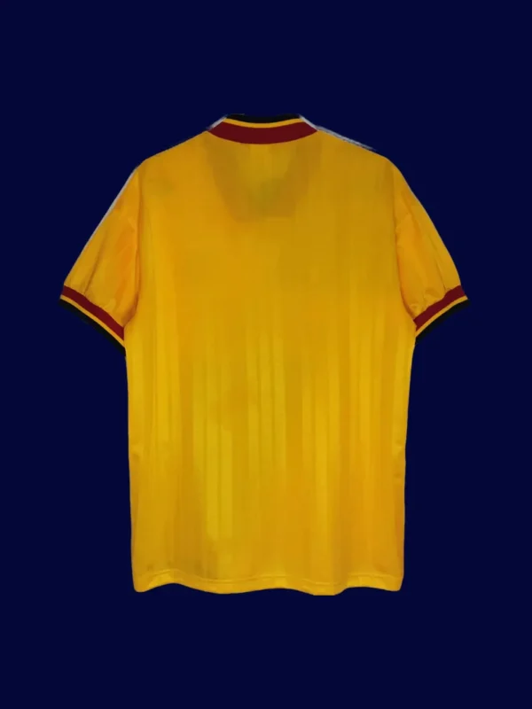 back view of yellow away retro football jersey (93/94) showing plain back and number zone.
