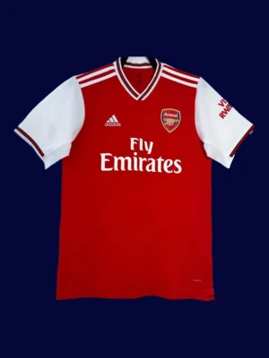 front view of red home retro football jersey (19/20) with classic board collar and fitted cut.