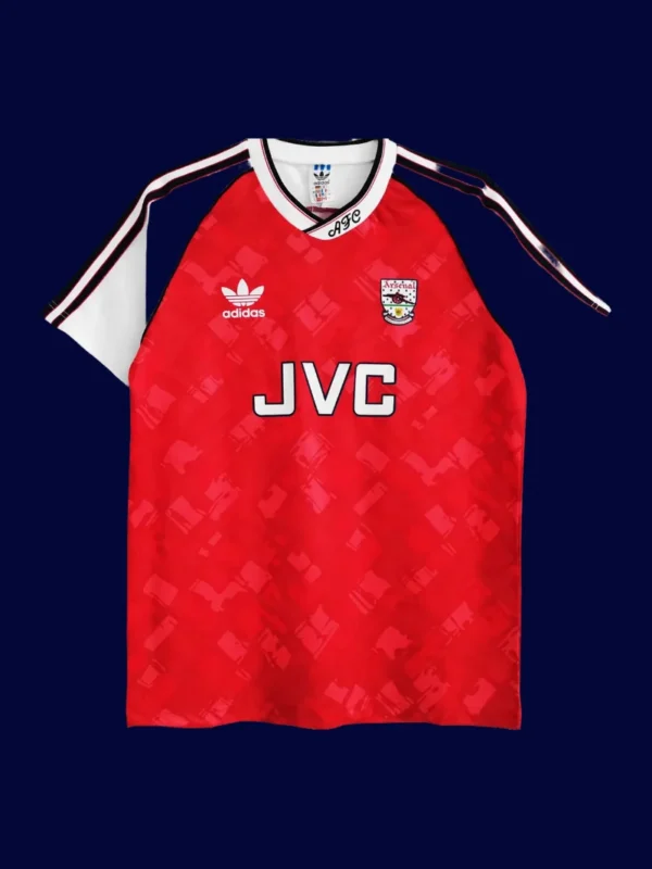 front view of red home retro football jersey (90/92) with heritage styling and classic collar.