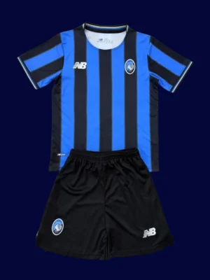 Atalanta Home Kids Kits 25/26 front with mini crest and youth-friendly fit.
