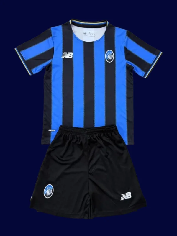 Atalanta Home Kids Kits 25/26 front with mini crest and youth-friendly fit.