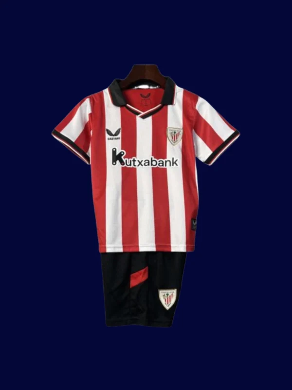 Athletic Bilbao Home Kids Kits 25/26 front view with mini club crest and kid fit.