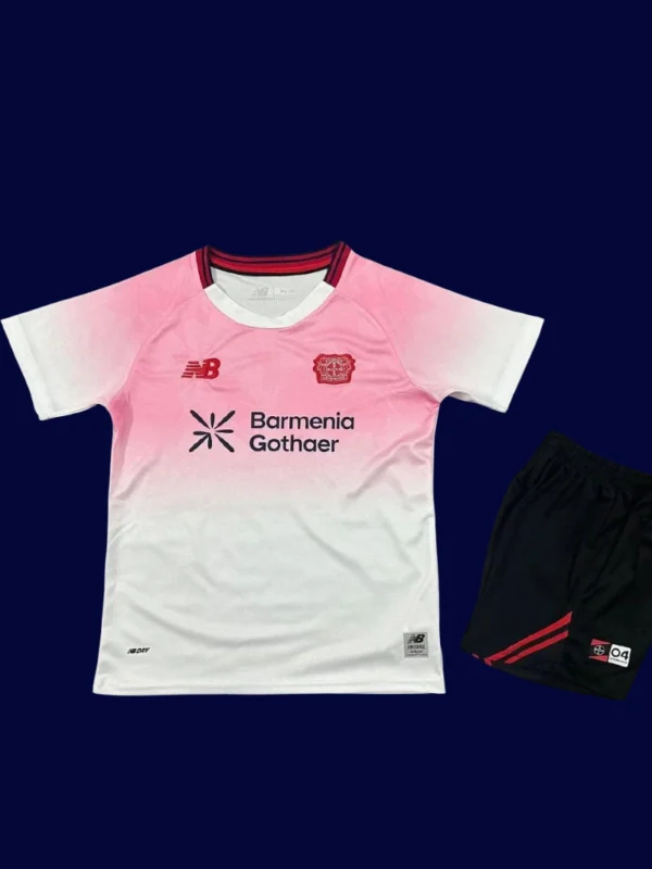 Bayer Leverkusen Away Kids Kits 25/26 front with mini crest and youth-friendly fit.