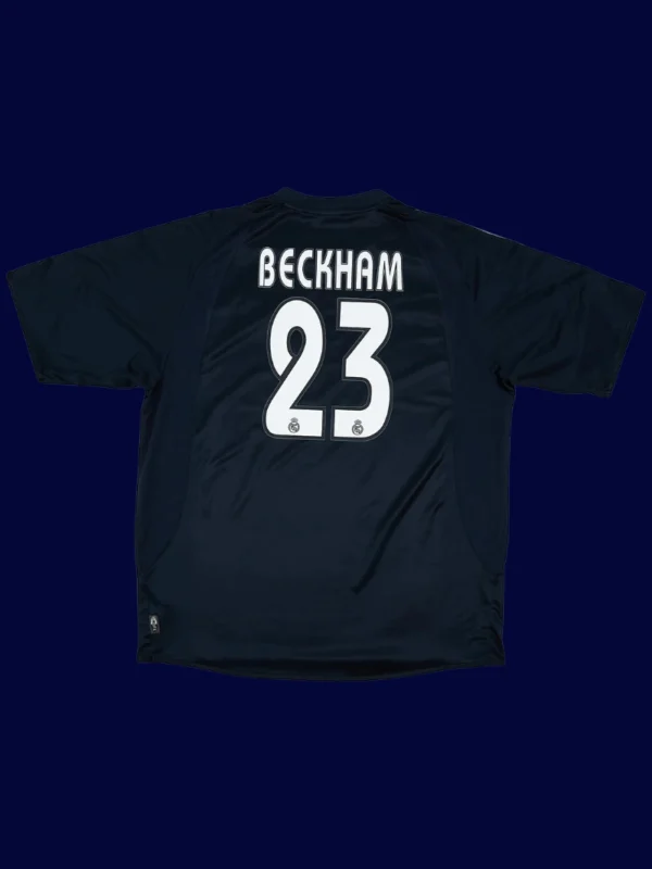 Beckham Real Madrid away black retro jersey back 03/04 with #23, high-quality breathable design.