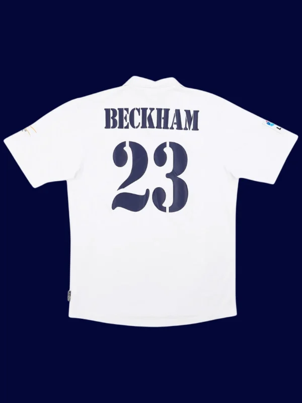 Beckham Real Madrid centenary home retro jersey back 02/03 with #23, high-quality breathable design.