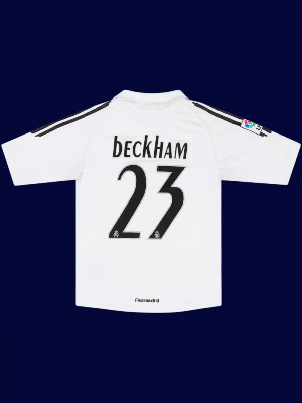 Beckham Real Madrid home white retro jersey back 05/06 with #23, high-quality breathable design.