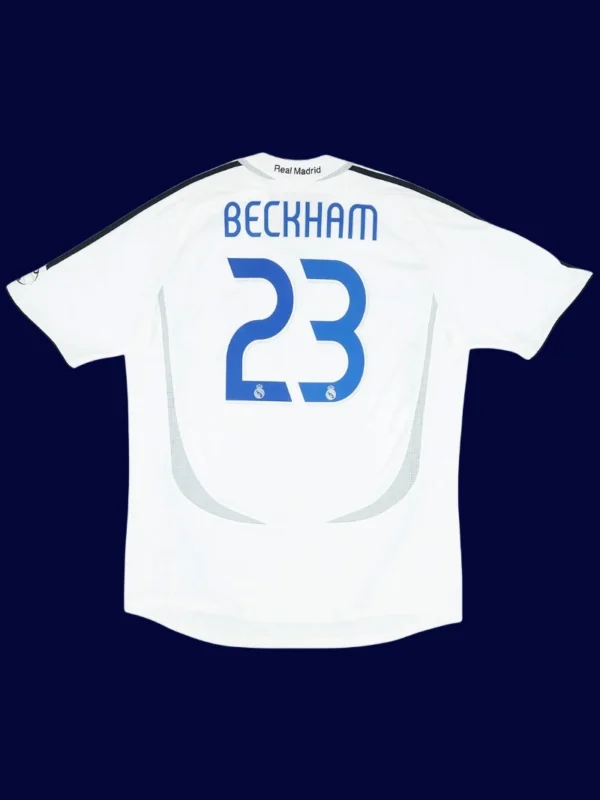 Beckham Real Madrid home white retro jersey back 06/07 with #23, high-quality breathable design.