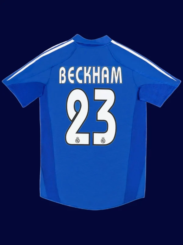 Beckham Real Madrid third blue retro jersey back 04/05 with #23, high-quality breathable design.