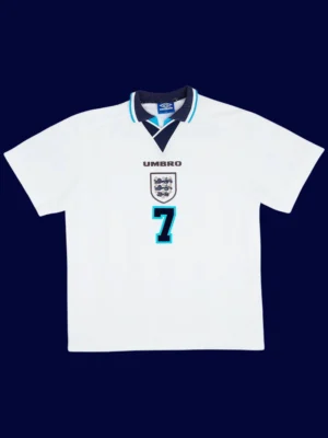 Beckham England home retro jersey front Euro Cup 1996, high-quality breathable fan classic.