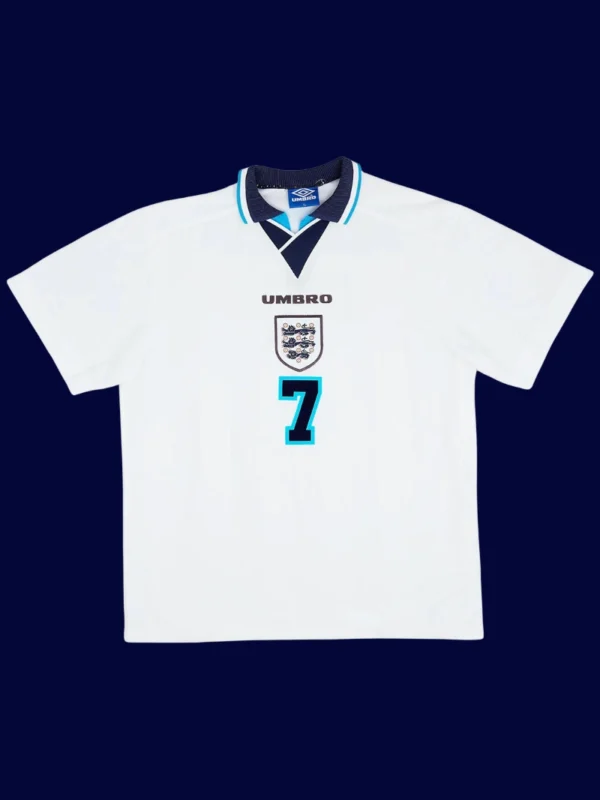 Beckham England home retro jersey front Euro Cup 1996, high-quality breathable fan classic.