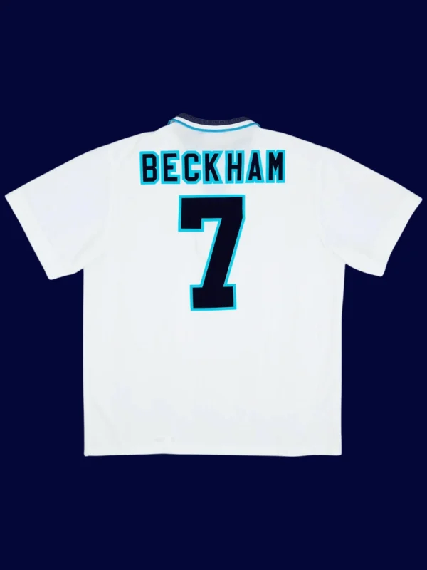 Beckham England home retro jersey back Euro Cup 1996 with #7, high-quality breathable design.