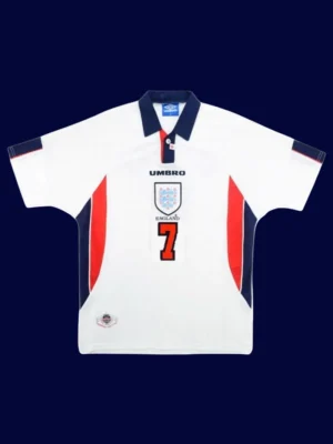 Beckham England home retro jersey front World Cup 1998, high-quality breathable fan classic.