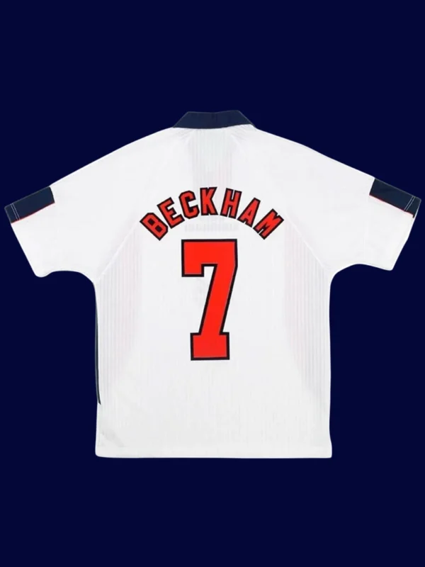 Beckham England home retro jersey back World Cup 1998 with #7, high-quality breathable design.