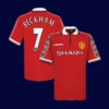 front view of Beckham #7 Manchester United home retro jersey (98/99) in red.