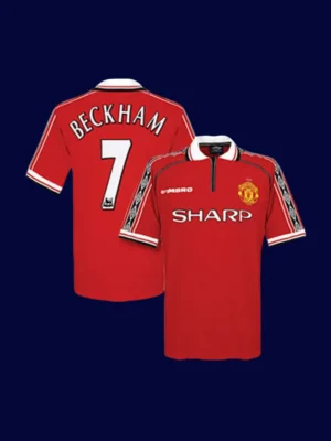 front view of Beckham #7 Manchester United home retro jersey (98/99) in red.