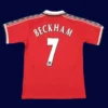 back view of Beckham #7 home retro jersey (98/99) showing number 7 and stitched back.
