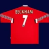 Beckham Manchester United home long sleeve retro jersey back 98/00 with #7, high-quality breathable design.