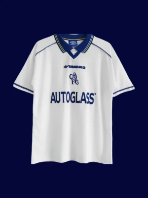 front view of Chelsea away white retro jersey (98/00) with vintage collar and sleeves.