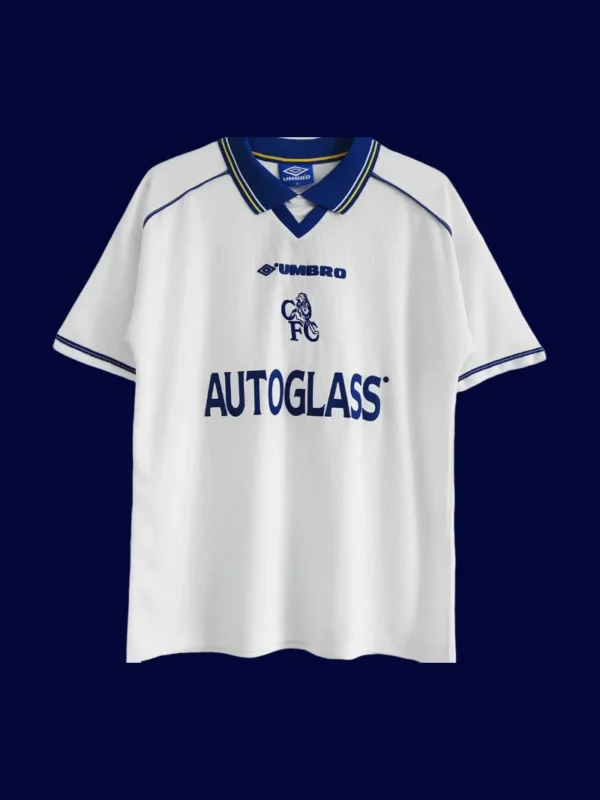 front view of Chelsea away white retro jersey (98/00) with vintage collar and sleeves.