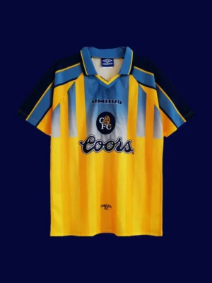 front view of Chelsea away yellow retro jersey (95/97) with vintage collar.