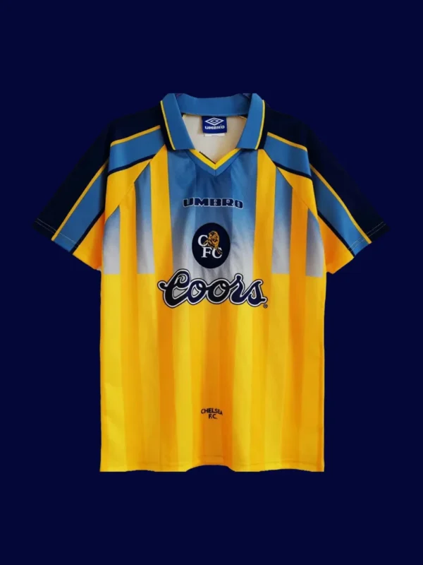front view of Chelsea away yellow retro jersey (95/97) with vintage collar.