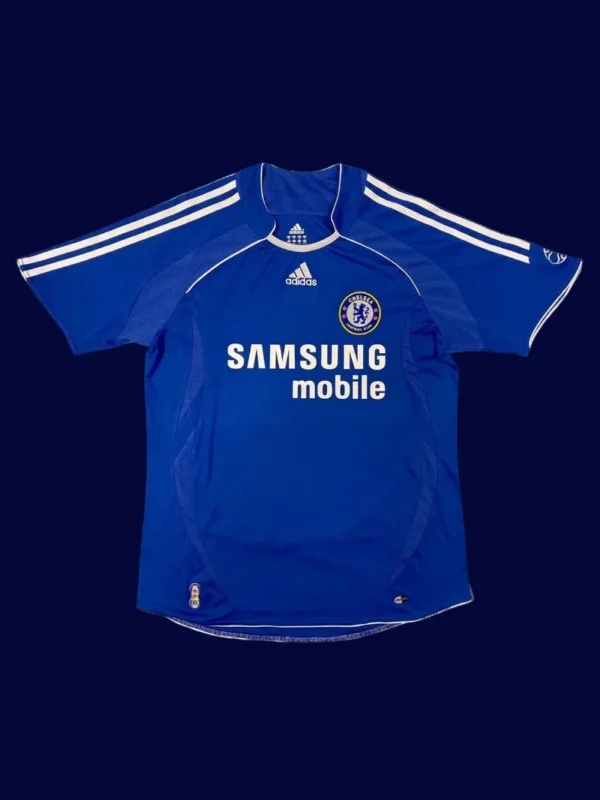 front view of Chelsea home blue retro jersey (06/07) with classic collar.