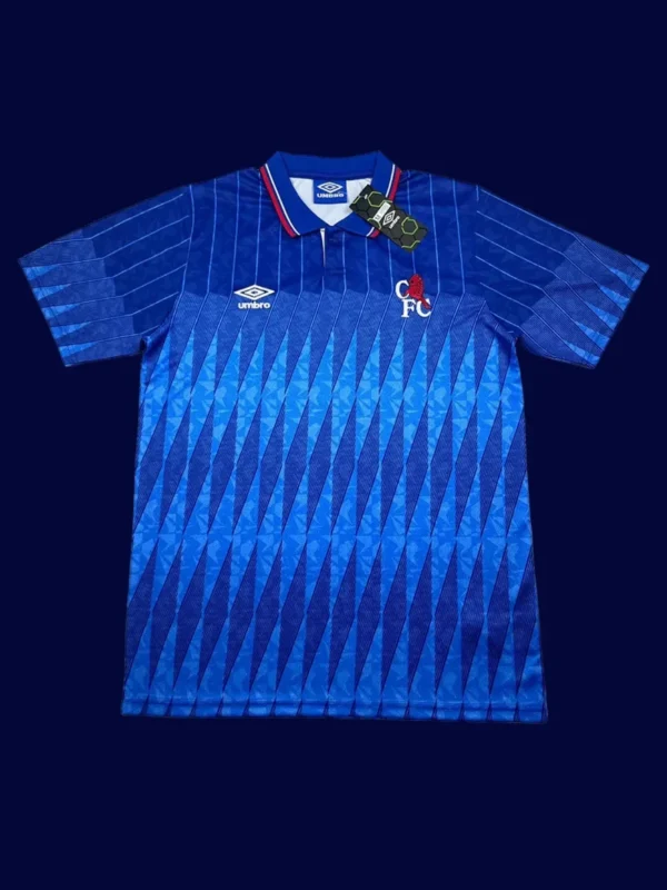 front view of Chelsea home blue retro jersey (89/91) with vintage trims.