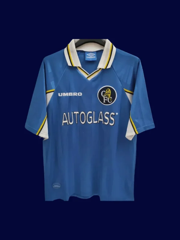 front view of Chelsea home blue retro jersey (97/99) with classic trims.