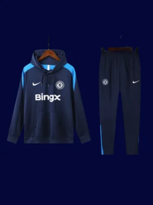 front view of Chelsea royal blue hoodie tracksuit (24/25) with drawstring hood.