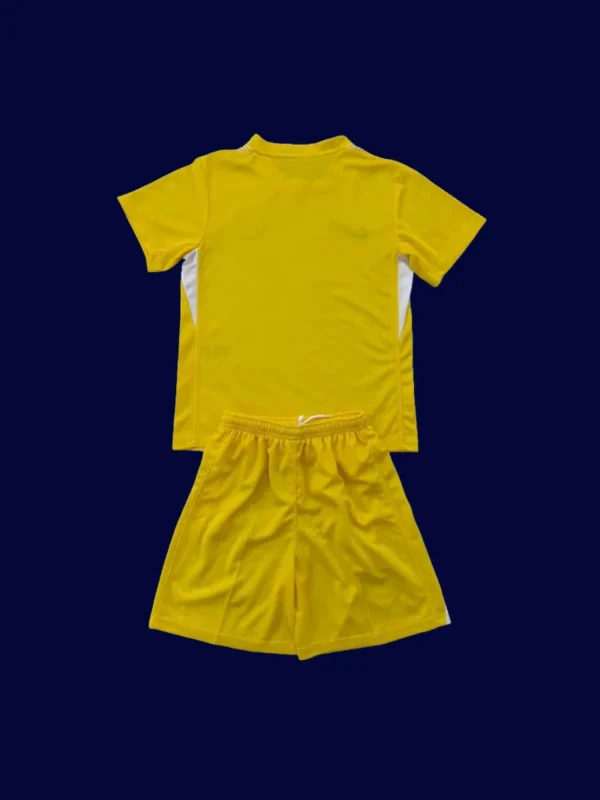 back view of Chelsea yellow goalkeeper kids kit (25/26) showing number panel and ergonomic seams.
