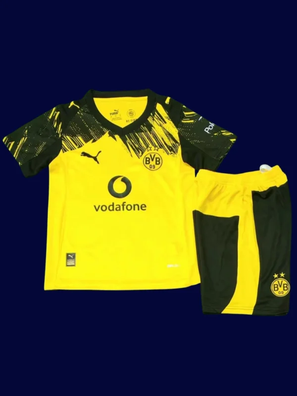 Dortmund Home Kids Kits 25/26 front with mini crest and youth-friendly fit.