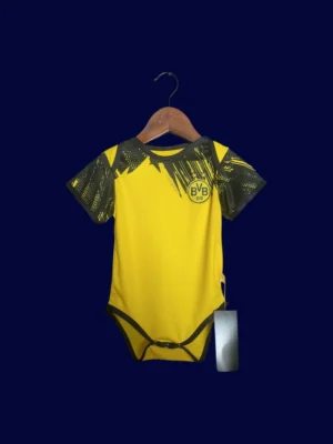 Dortmund Home Yellow Babysuit Kits 25/26 front with mini crest and youth-friendly fit.