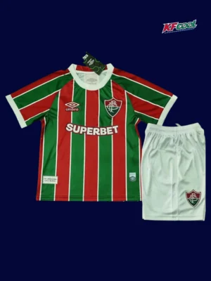 Fluminense home kids kits 25/26 front green maroon white stripes