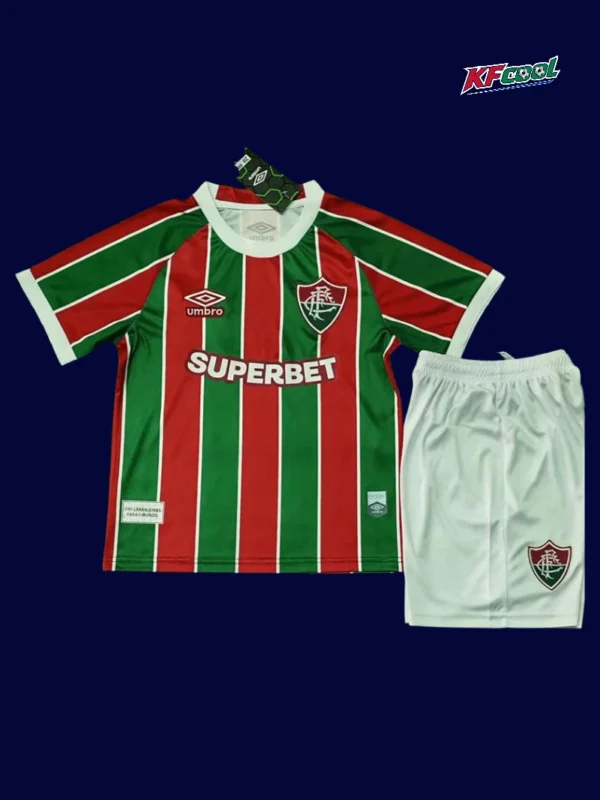 Fluminense home kids kits 25/26 front green maroon white stripes