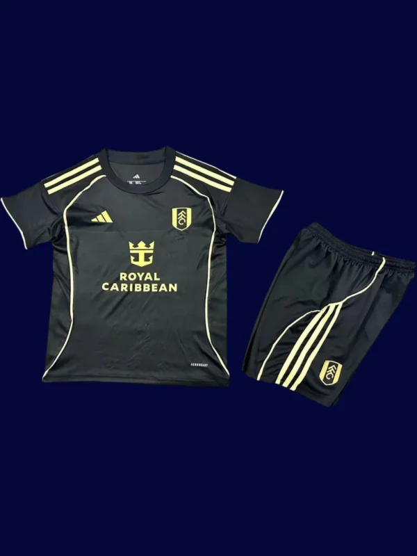 Fulham Away Black Kids Kits 25/26 front with black design and mini crest.