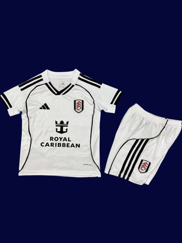 Fulham Home Kids Kits 25/26 front with mini crest and youth-friendly design.
