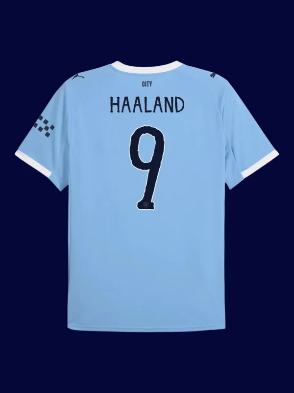 Haaland Manchester City home blue jersey back 25/26 with #9, high-quality breathable design.