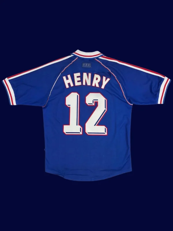 Henry 12 France Home Blue Retro Jersey World Cup 1998 B - KFCool – Football Jerseys & Soccer Kits Store Henry France home blue retro jersey back World Cup 1998 with #12, high-quality breathable design.