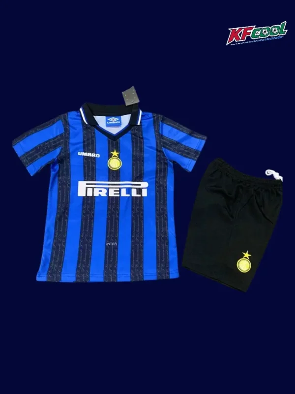 Inter Milan 1997 98 kids home retro jersey front with child sizing and classic stripes