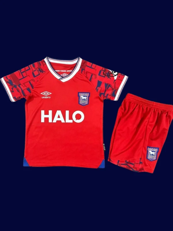 Ipswich Town Away Red Kids Kits 25/26 front with red away palette and mini crest.