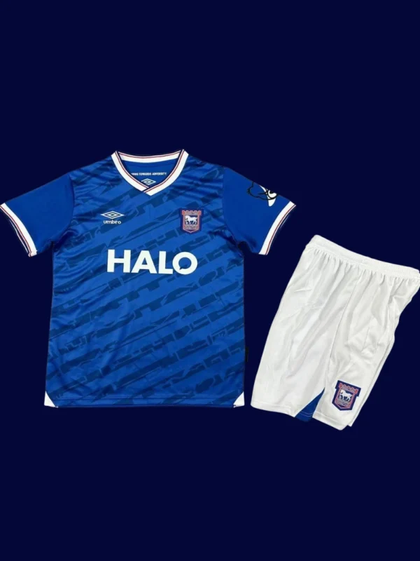 Ipswich Town Home Blue Kids Kits 25/26 front with mini crest and youth fit.