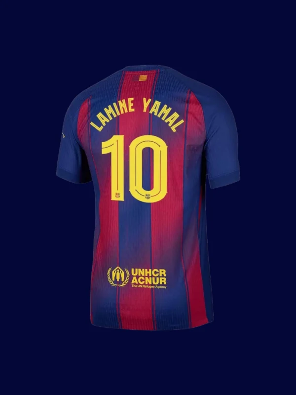 Lamine Yamal Barcelona home player jersey back 25/26 UCL with #10, breathable high-quality design.