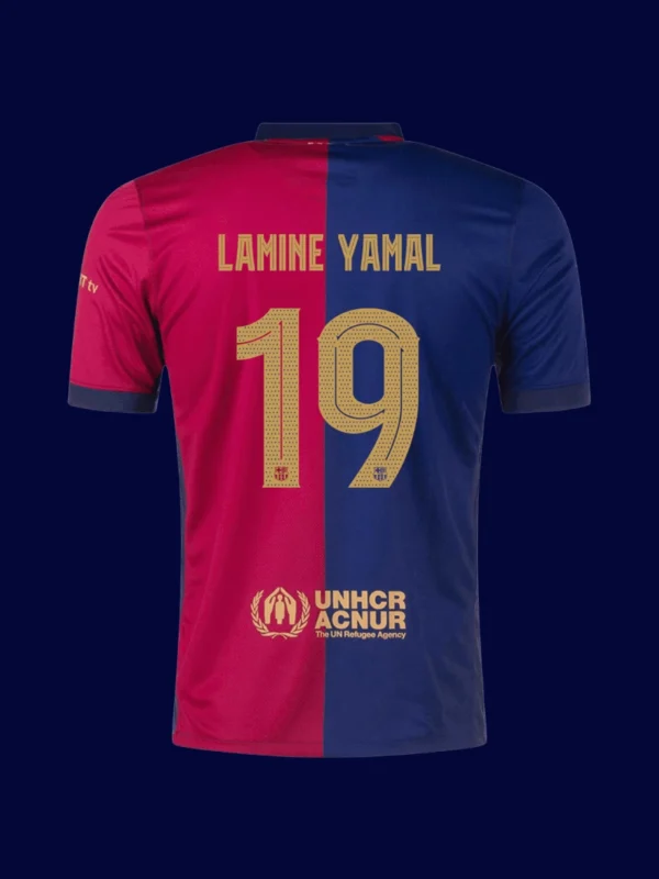 Lamine Yamal Barcelona home jersey back 24/25 UCL Font with #19, breathable high-quality design.