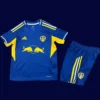Leeds United Away Blue Kids Kits 25/26 front with blue away palette and mini crest.